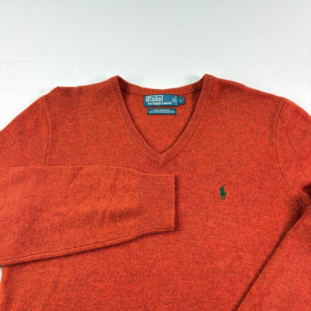 Polo Ralph Lauren Lambswool Sweater Mens Large Orange V-Neck Pullover Stretch‎